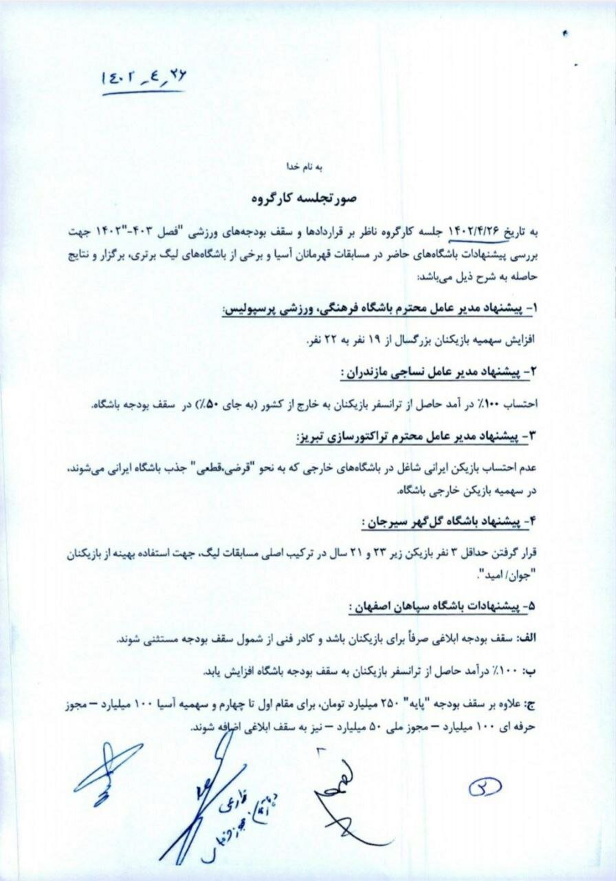 پیشنهاد باشگاهها برای افزایش سقف بودجه توسط سازمان لیگ رد شد + عکس