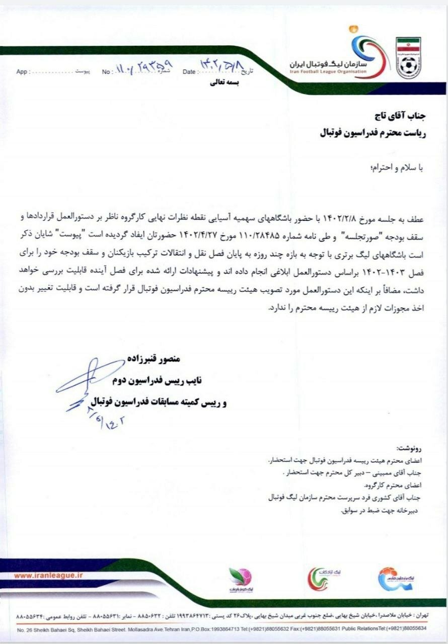 پیشنهاد باشگاهها برای افزایش سقف بودجه توسط سازمان لیگ رد شد + عکس