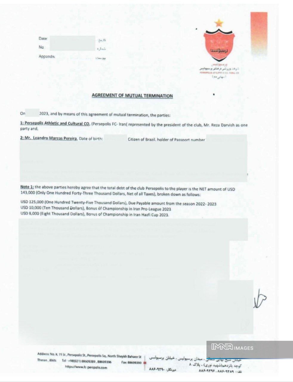 افشاگری پرسپولیس از توافقنامه قرمزها با لئاندرو پریرا برای فسخ قرارداد + عکس