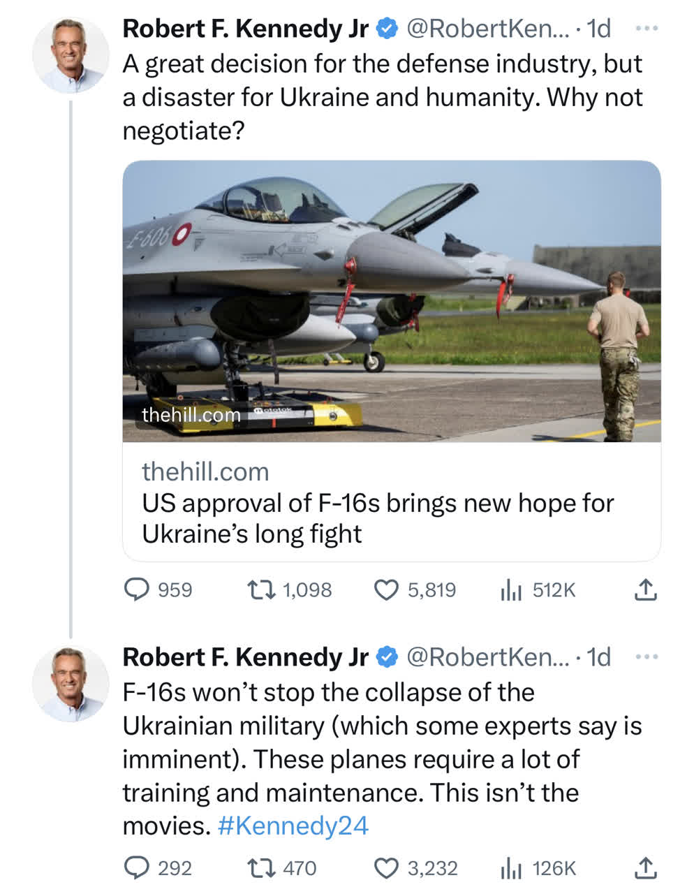 رابرت کندی: ارسال جنگنده‌های اف-۱۶ به اوکراین تهدیدی برای بشریت است