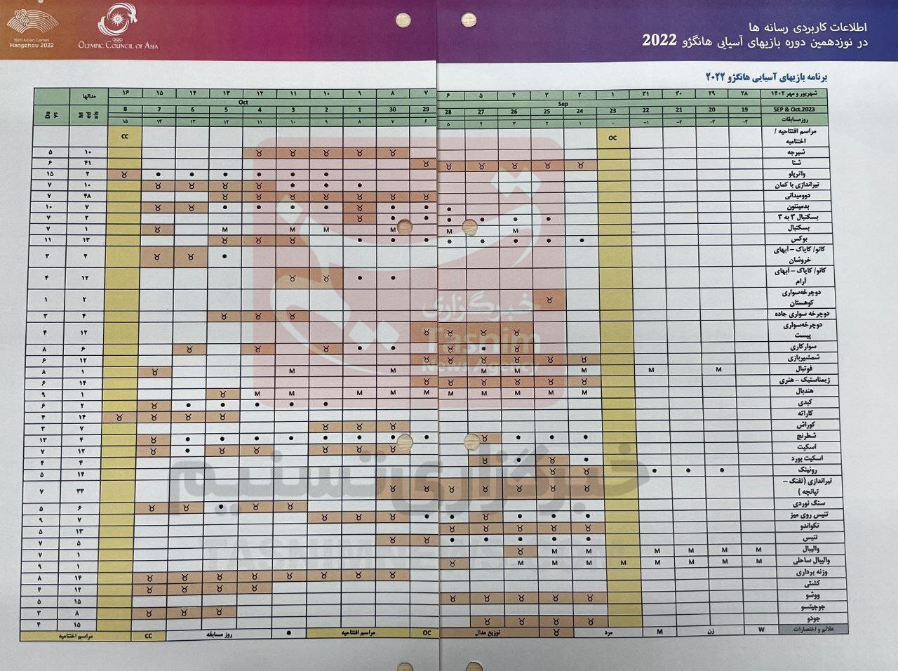برنامه بازیهای آسیایی هانگژو اعلام شد + عکس و جزییات