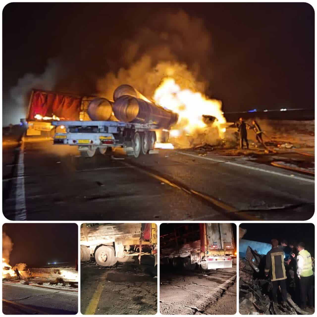 برخورد و حریق دو کامیون کشنده منجر به جان باختن ۲ نفر شد + عکس