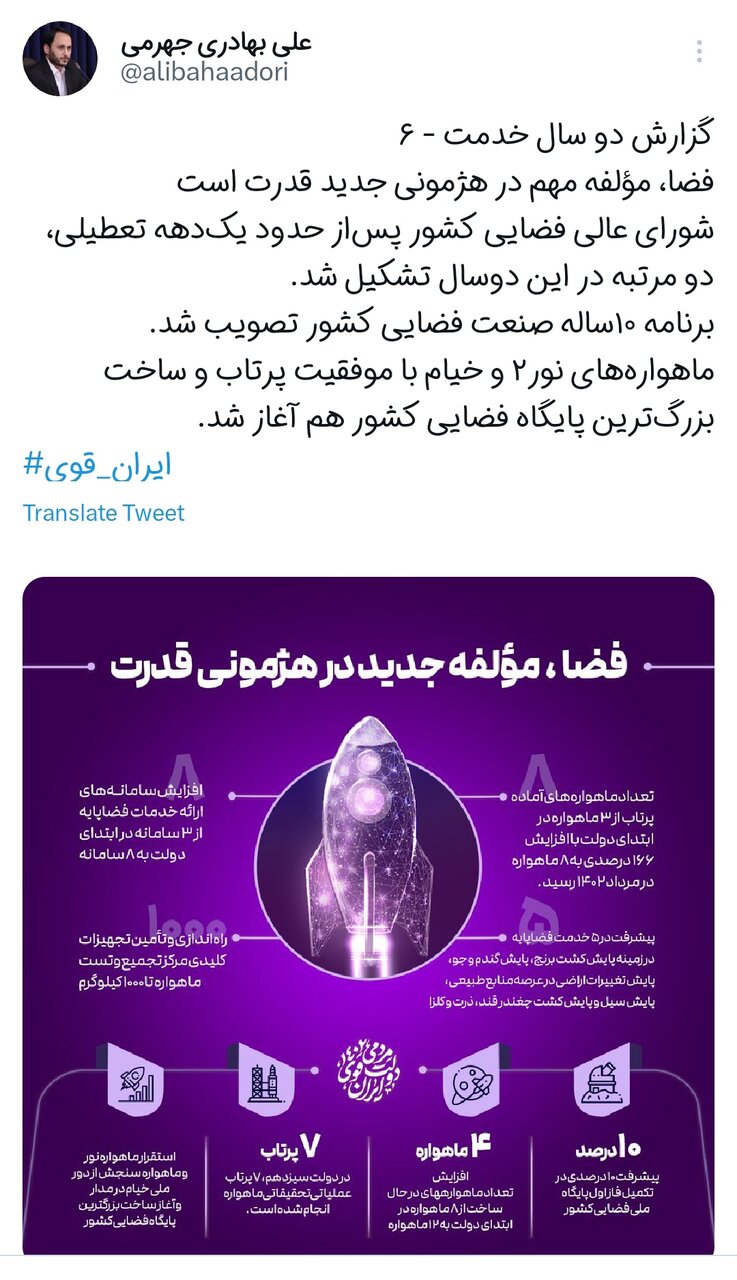 گزارش بهادری جهرمی از اقدامات ۲ سال اخیر دولت در صنعت فضایی