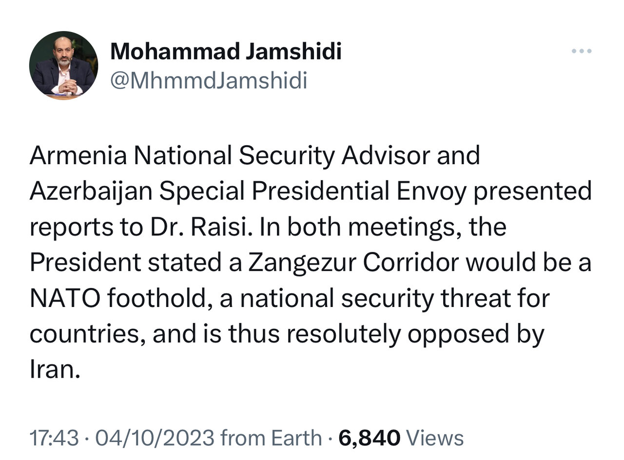 مخالفت قاطع رئیس جمهور با کریدور زنگزور در دیدار با نماینده ویژه ارمنستان