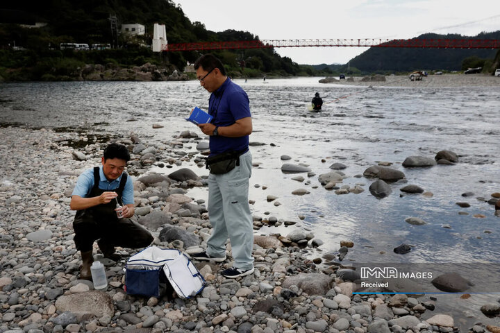 ستادان دانشگاه گیفو موریهیرو هارادا (راست) و شیگیا ناگایاما برای تجزیه و تحلیل DNA زیست محیطی ماهیان از رودخانه ناگارا در مینوسیکی، ژاپن آب جمع آوری می کنند.