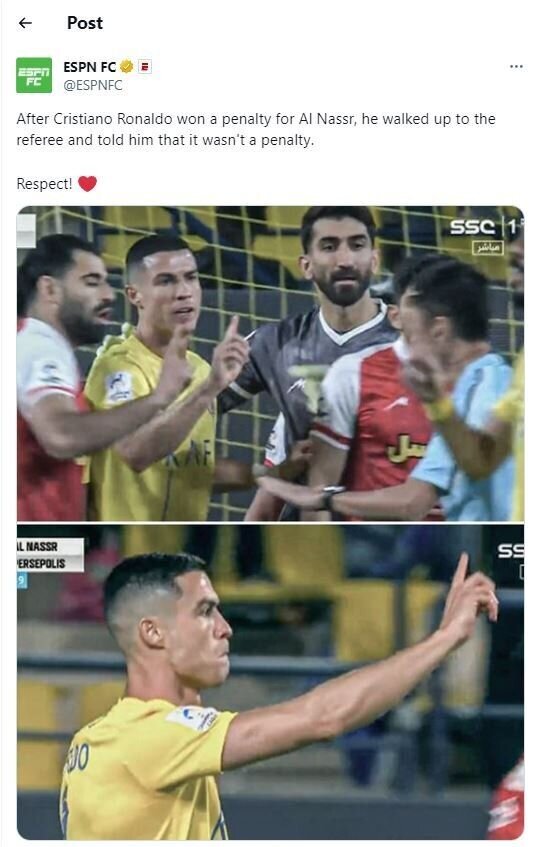 بازتاب جهانی حرکت رونالدو در دیدار مقابل پرسپولیس