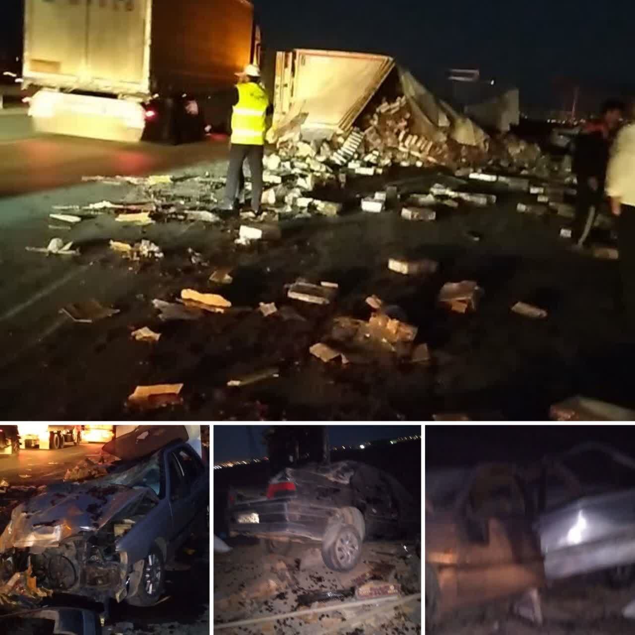 مصدومیت ۳ نفر در پی برخورد تریلی با چهار خودروی سواری + عکس