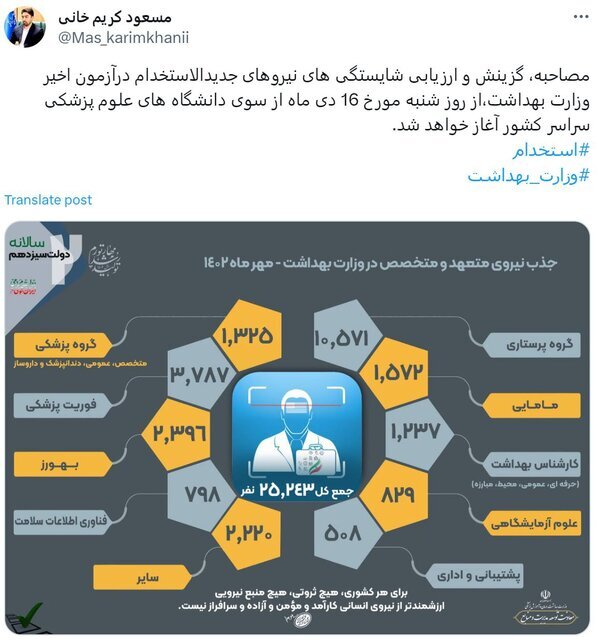 آغاز مصاحبه و گزینش نیروهای جدید وزارت بهداشت از شنبه ۱۶ دی