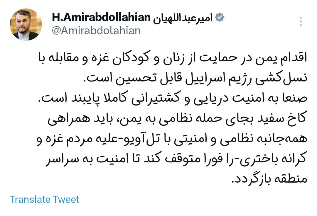 اقدام یمن در مقابله با نسل کشی رژیم اسرائیل قابل تحسین است