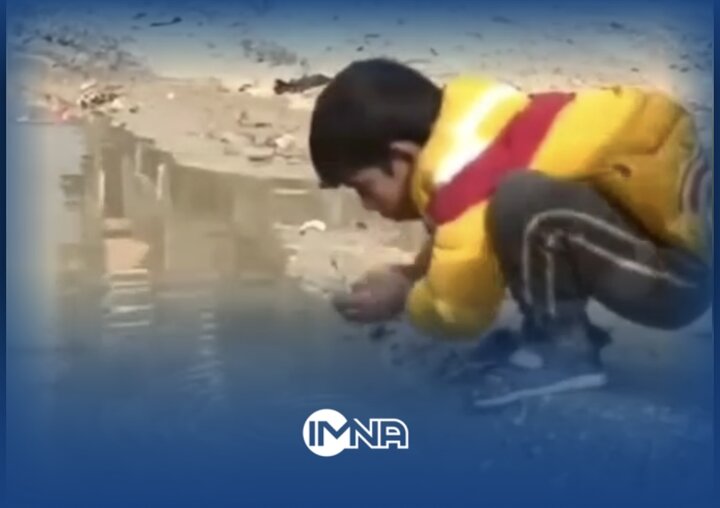 تصاویر تأمل‌ برانگیز کودک فلسطینی که از فرط تشنگی آب‌گل آلود می‌نوشد!
