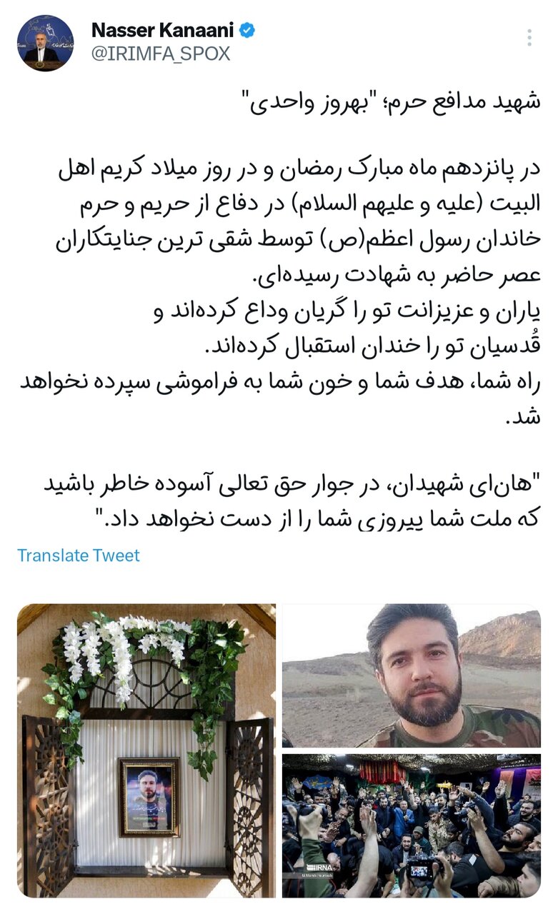 واکنش سخنگوی وزارت خارجه به شهادت شهید مدافع حرم بهروز واحدی