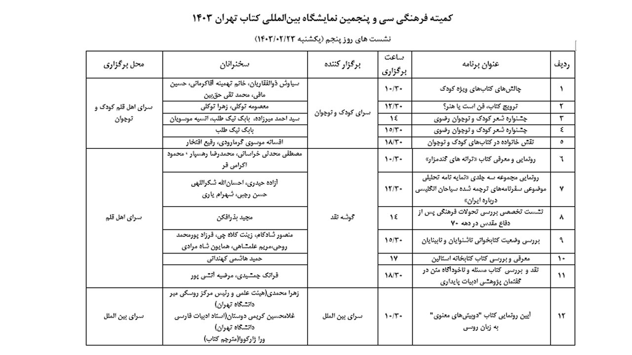 معرفی رویدادهای پنجمین روز از نمایشگاه کتاب تهران