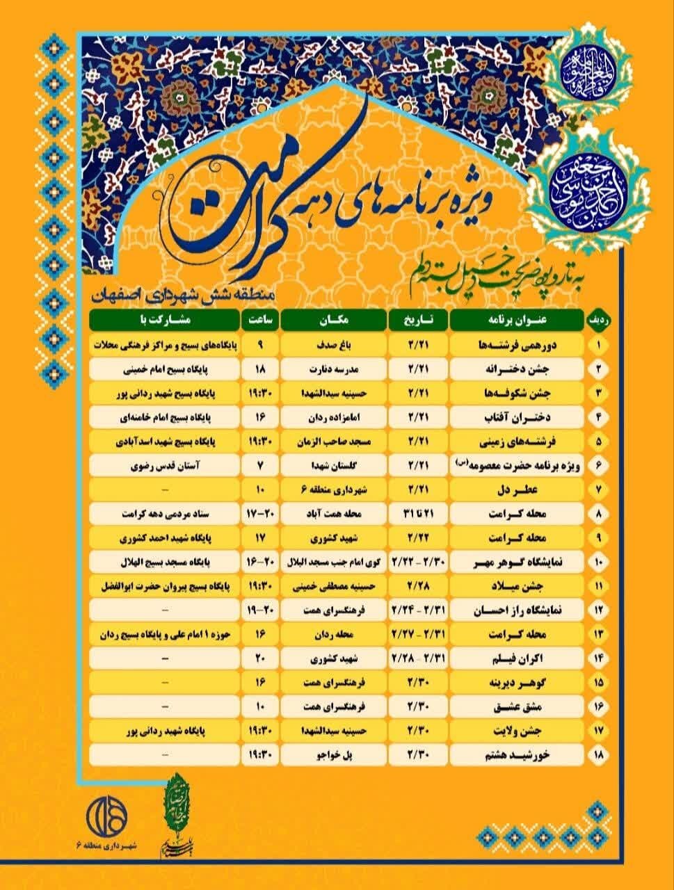 اجرای ۱۸ عنوان برنامه ویژه دهه کرامت در منطقه ۶ اصفهان/ «خورشید هشتم» مهمان پل خواجو