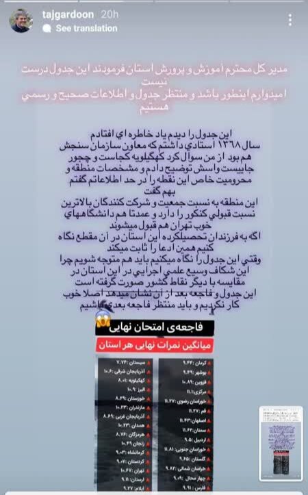 استوری تاجگردون و واکنش سرپرست آموزش و پرورش کهگیلویه؛ نتایج امتحانات، نهایی نشده است