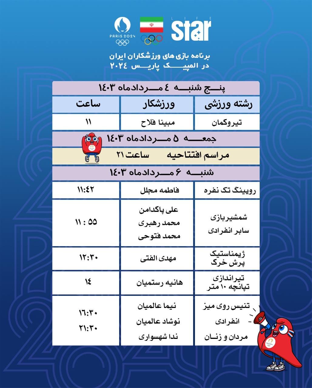 برنامه کامل ورزشکاران ایران در المپیک ۲۰۲۴ + عکس