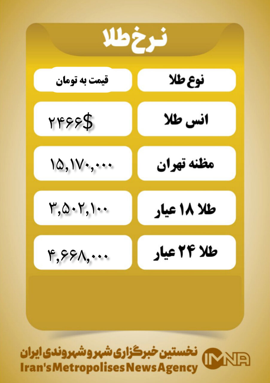 قیمت طلا امروز سهشنبه ۲۳ مرداد ۱۴۰۳
