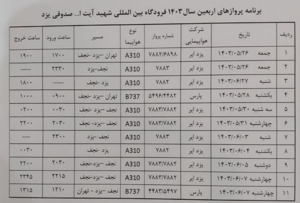 لیست برنامه های پرواز اربعین حسینی از فرودگاه یزد به نجف