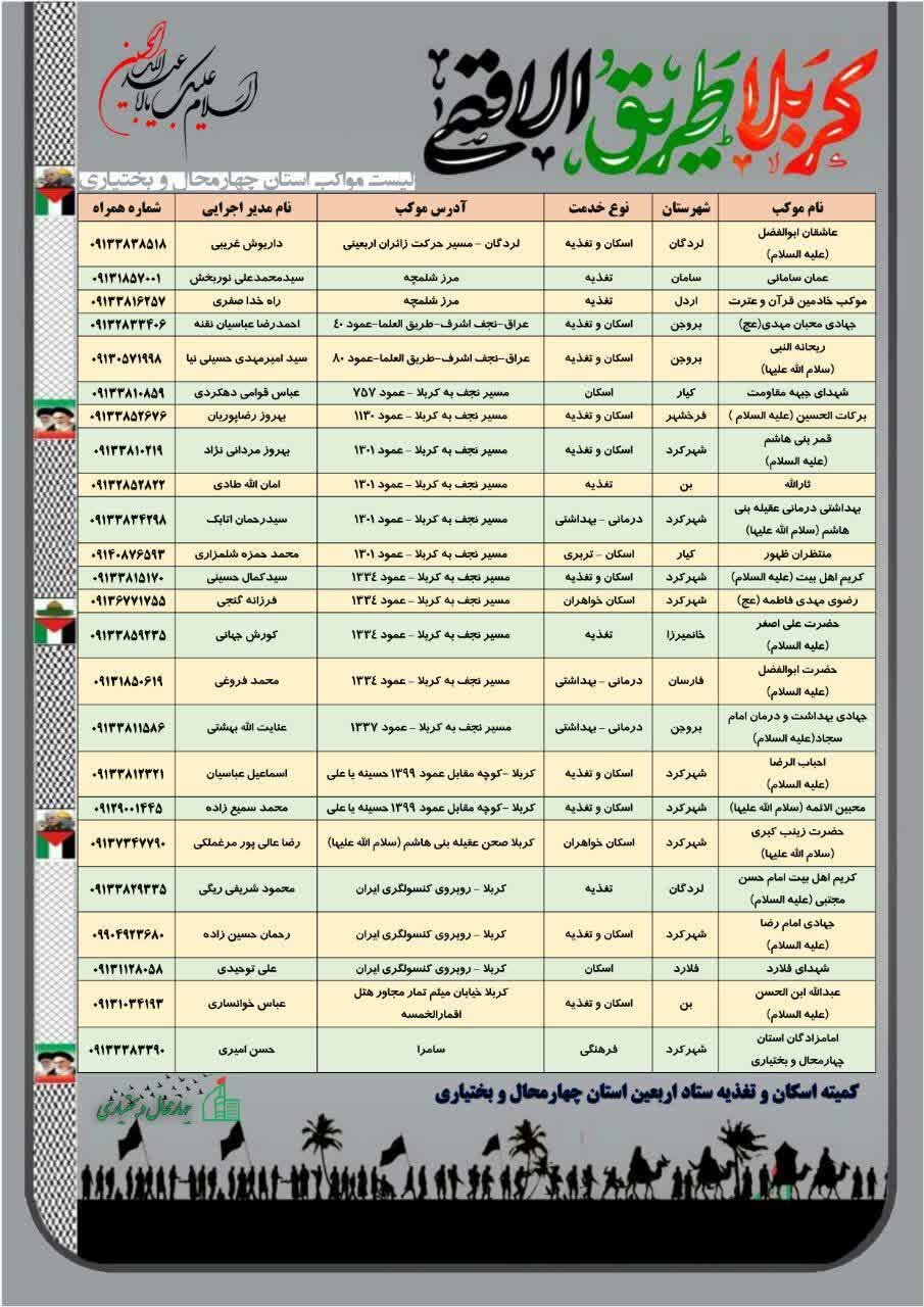 موکب‌های چهارمحال‌وبختیاری در کجا مسقر شدند؟ + آدرس