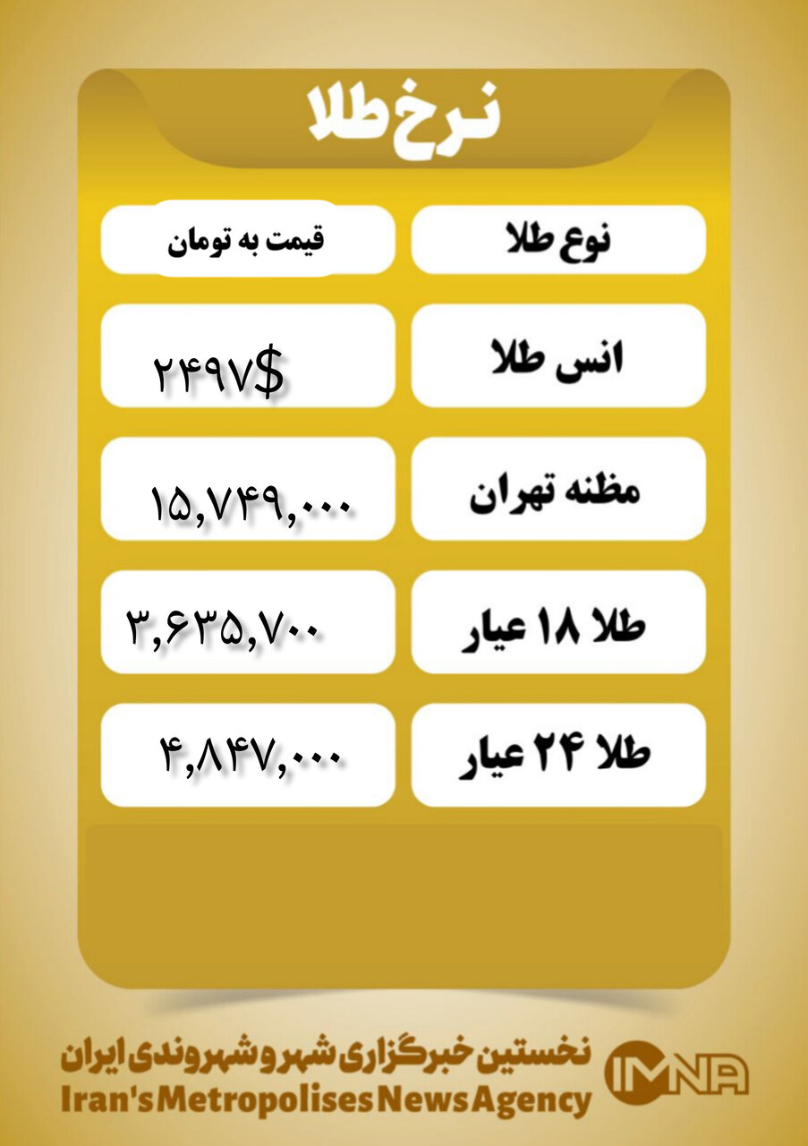 قیمت طلا امروز سهشنبه ۲۰ شهریور ۱۴۰۳