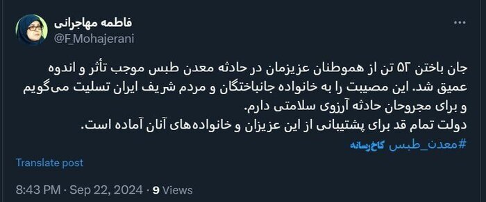 مهاجرانی: دولت تمام قد پشتیبان خانواده‌های جان‌باختگان حادثه معدن طبس است