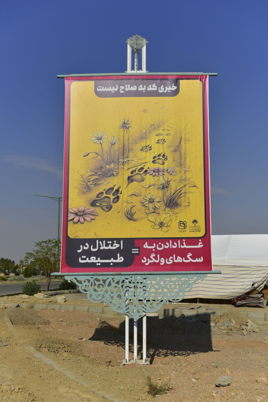 فرهنگسازی غذا ندادن به سگهای ولگرد با نصب ۵ طرح در باغ رضوان