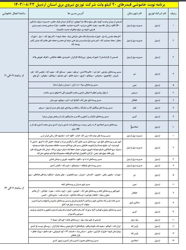 برنامه قطعی برق استان اردبیل ۲۳ آبان ۱۴۰۳