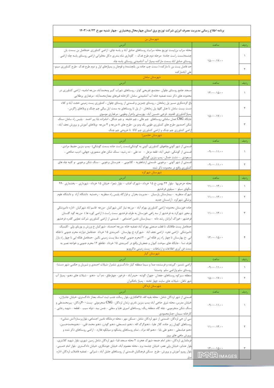 برنامه قطعی برق چهارمحال‌ و بختیاری ۲۳ آبان ۱۴۰۳+ لیست مناطق و جدول قطعی برق شهرکرد