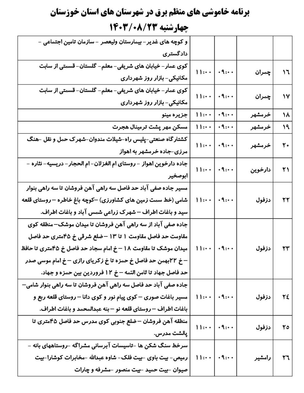 برنامه قطعی برق استان خوزستان چهارشنبه ۲۳آبان ۱۴۰۳ + ساعات قطع