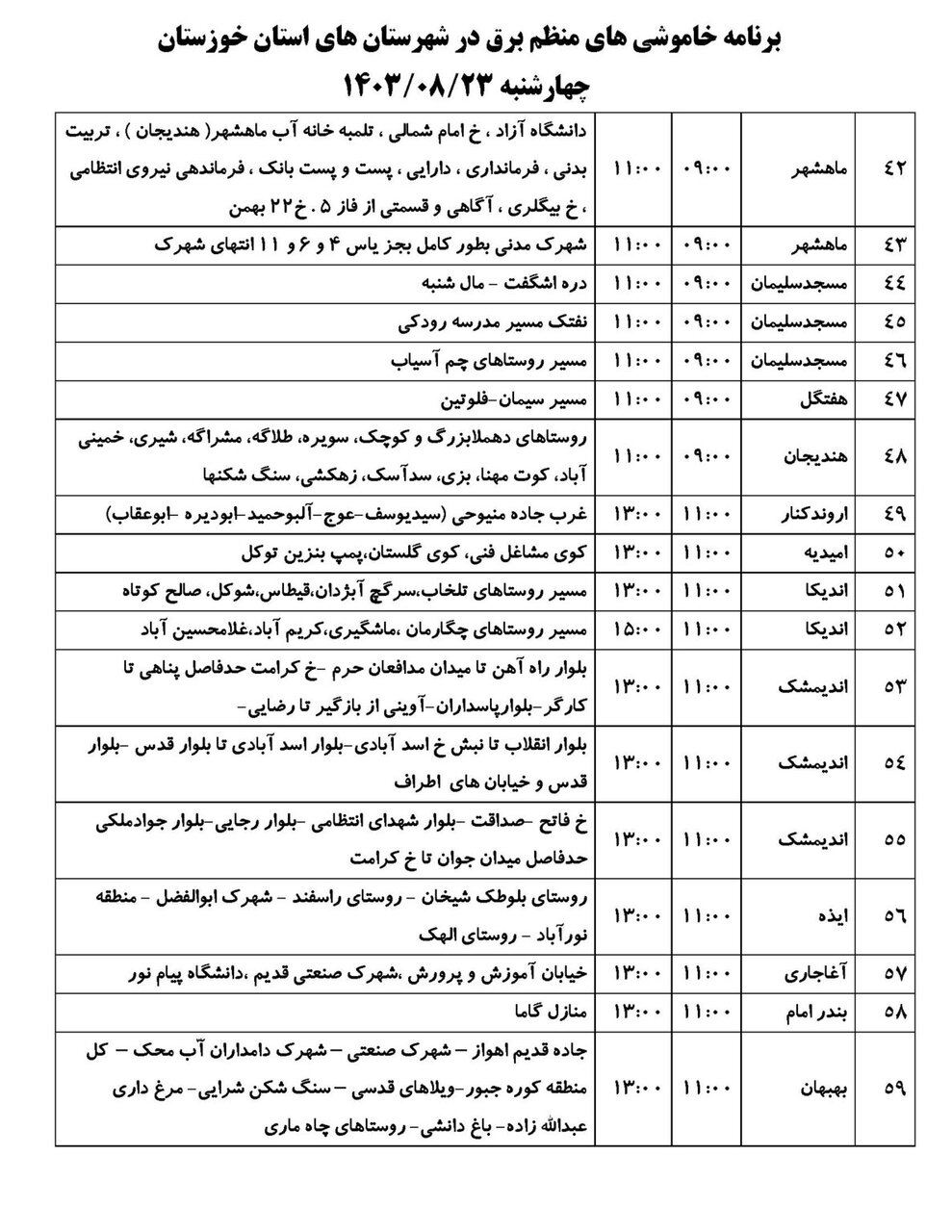 برنامه قطعی برق استان خوزستان چهارشنبه ۲۳آبان ۱۴۰۳ + ساعات قطع