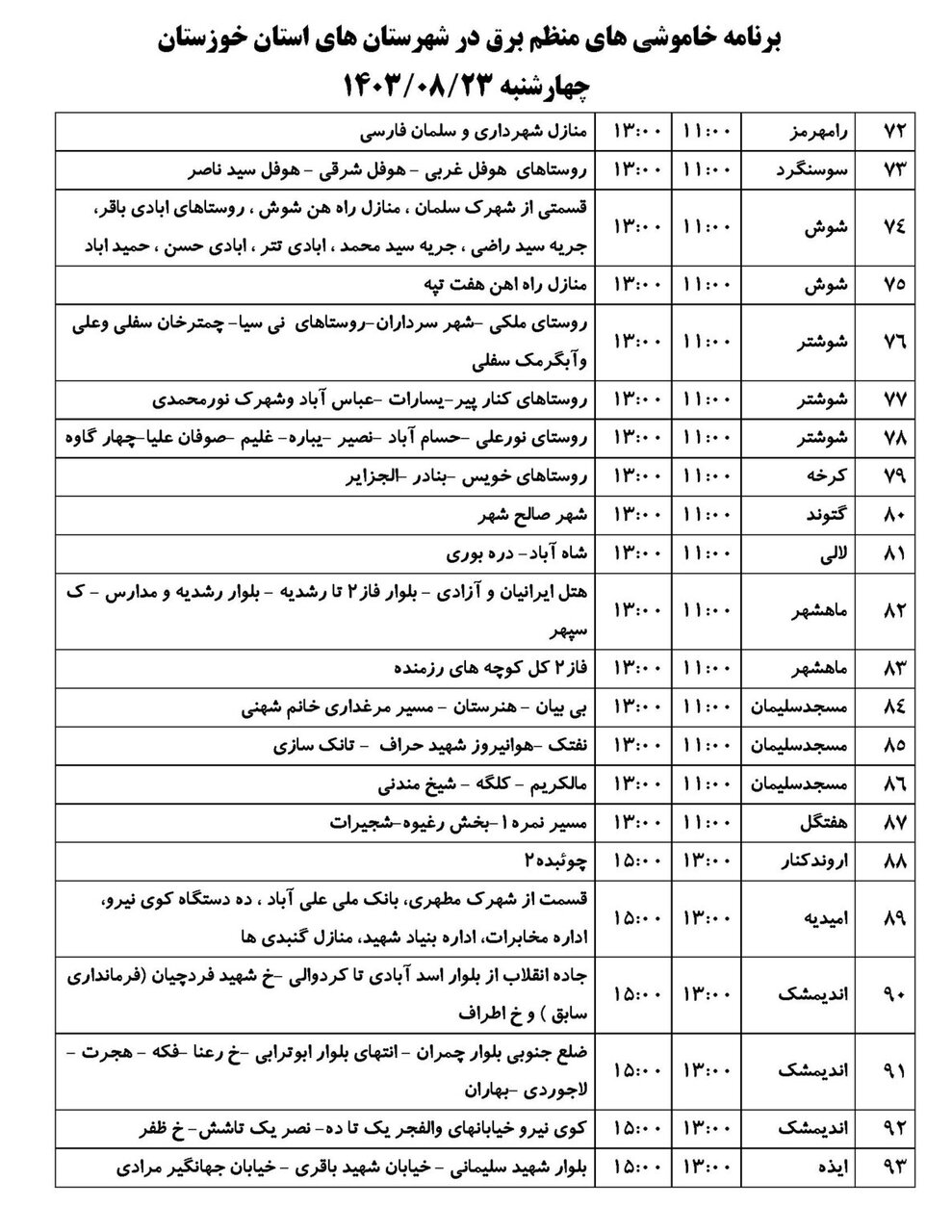 برنامه قطعی برق استان خوزستان چهارشنبه ۲۳آبان ۱۴۰۳ + ساعات قطع