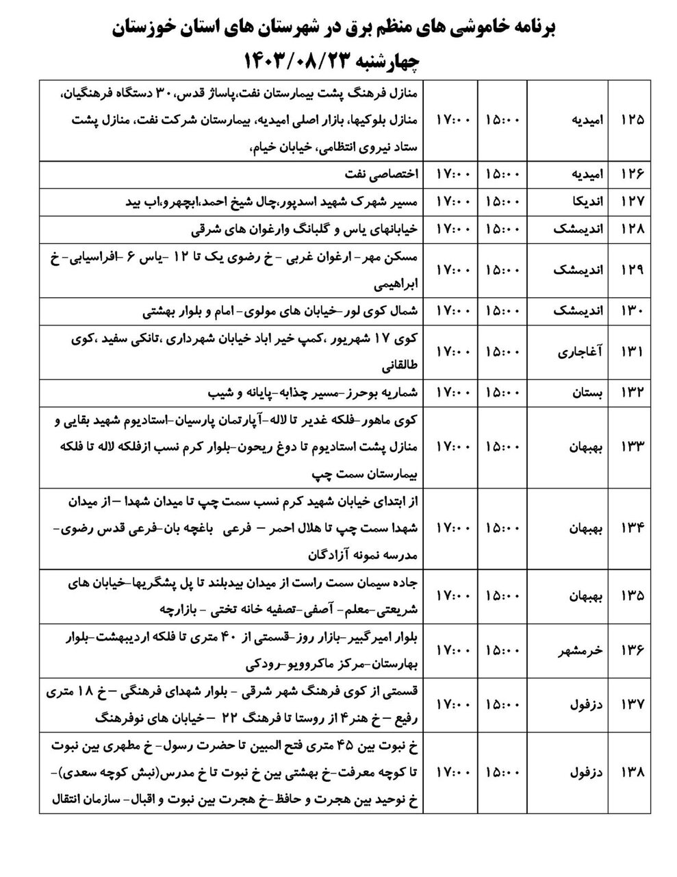 برنامه قطعی برق استان خوزستان چهارشنبه ۲۳آبان ۱۴۰۳ + ساعات قطع