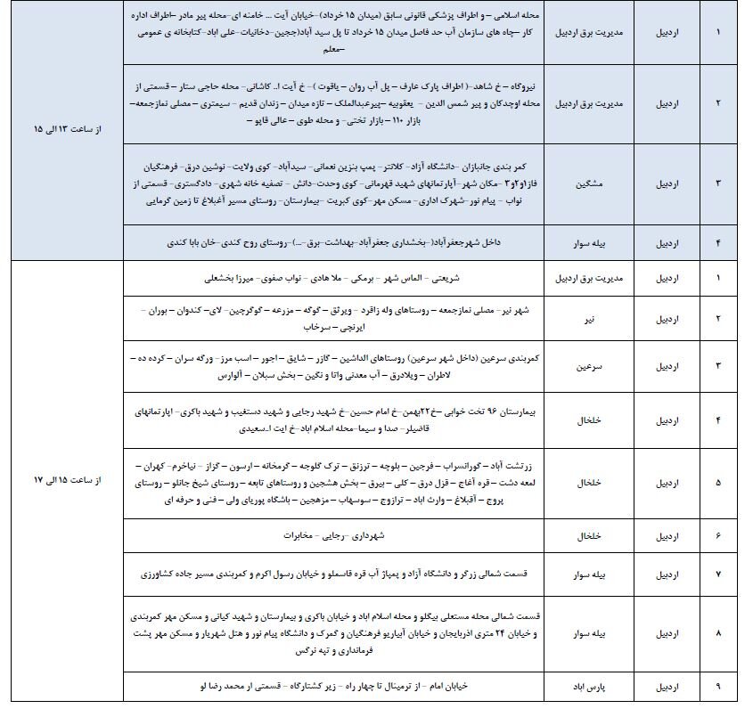 جدول خاموشی برق استان اردبیل در روز پنجشنبه ۲۴ آبان