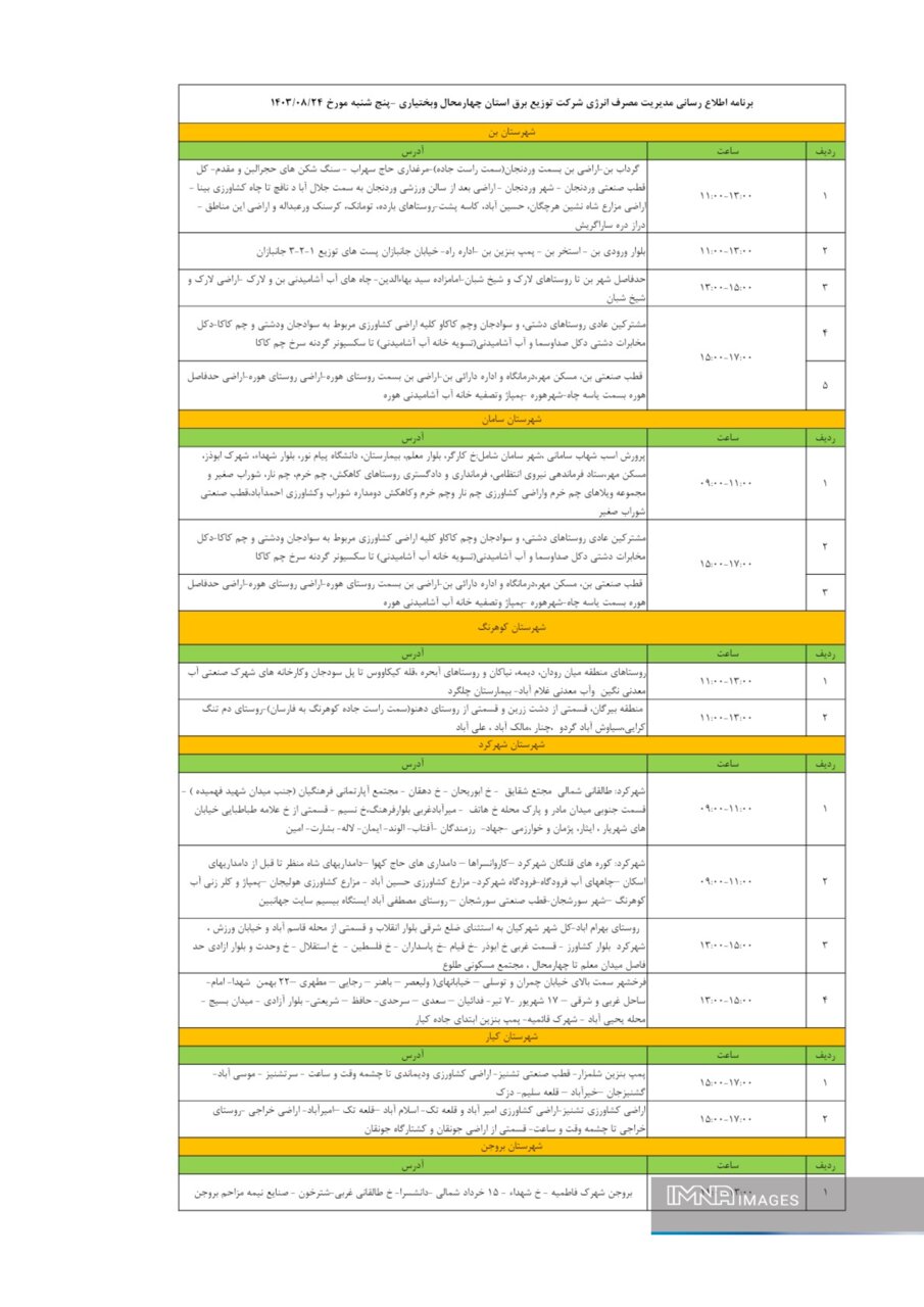 برنامه قطعی برق چهارمحال‌ و بختیاری ۲۴ آبان ۱۴۰۳+ لیست مناطق و جدول قطعی برق شهرکرد