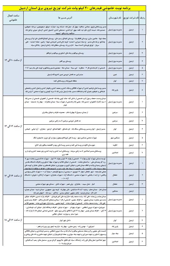 جدول خاموشی برق استان اردبیل در روز شنبه ۲۶ آبان