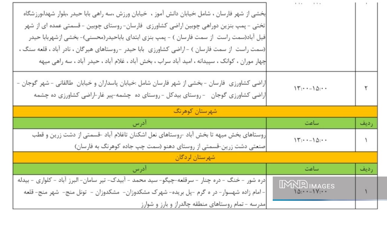 برنامه قطعی برق چهارمحال‌ و بختیاری ۲۷ آبان ۱۴۰۳ +  لیست مناطق و جدول قطعی برق شهرکرد