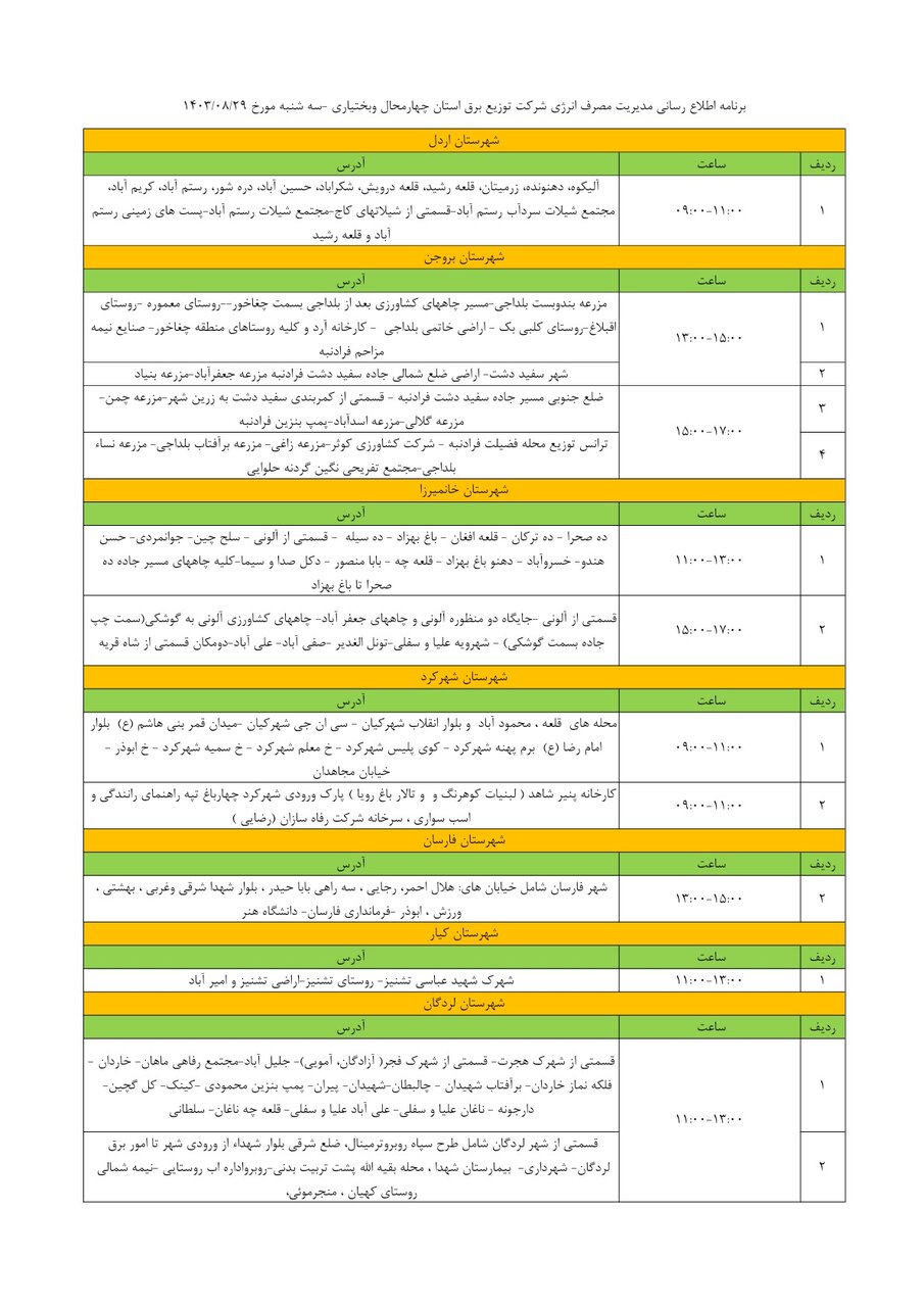 برنامه قطعی برق چهارمحال‌وبختیاری ۲۹ آبان ۱۴۰۳ + جدول