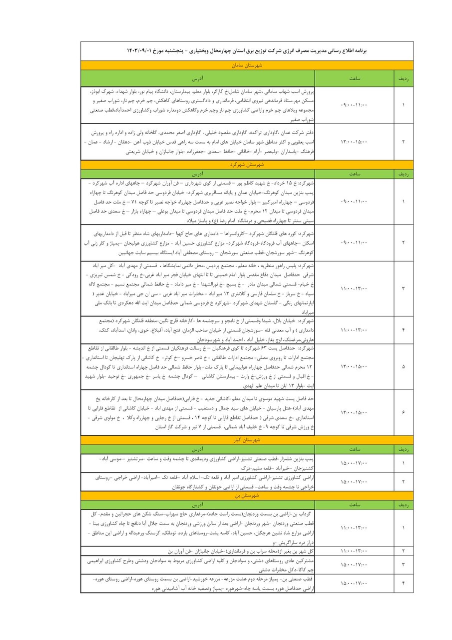 برنامه قطعی برق چهارمحال‌ و بختیاری یکم آذر ۱۴۰۳ + جدول