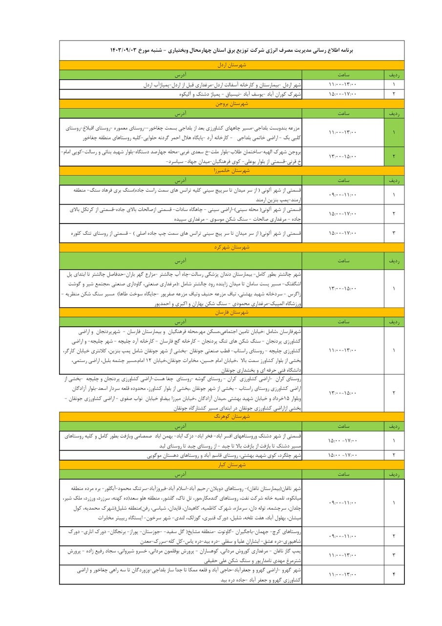 برنامه قطعی برق چهارمحال‌ و بختیاری ۳ آذر ۱۴۰۳ + جدول