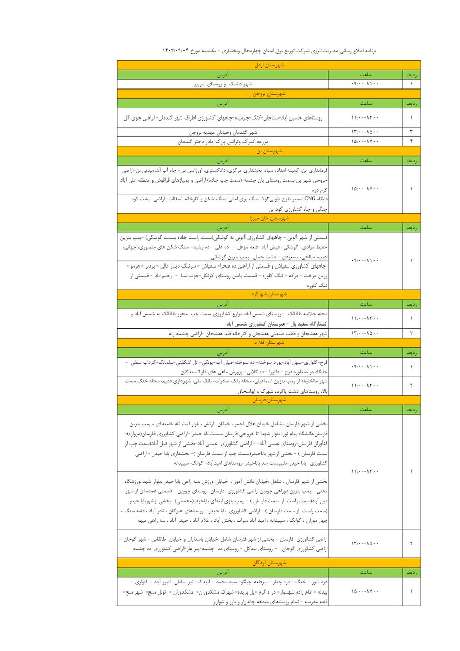 برنامه قطعی برق چهارمحال‌ و بختیاری ۴ آذر ۱۴۰۳ + جدول