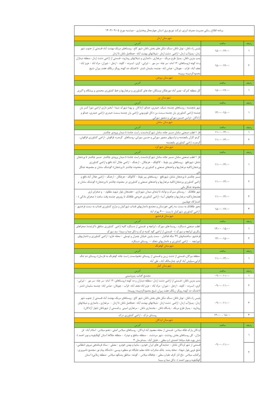 برنامه قطعی برق چهارمحال‌ و بختیاری ۵ آذر ۱۴۰۳ + جدول