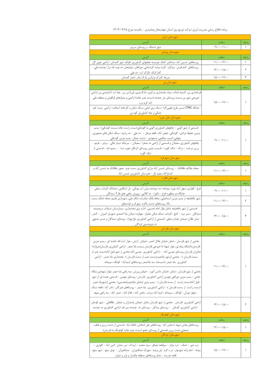 برنامه قطعی برق چهارمحال‌ و بختیاری ۲۵  آذر ۱۴۰۳ + جدول