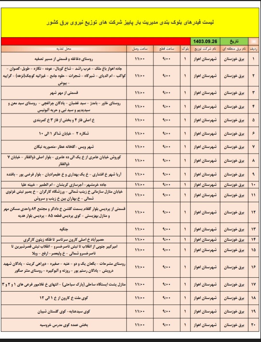 قطعی برق اهواز دوشنبه ۲۶ آذر + برنامه خاموشی، جدول و لیست مناطق