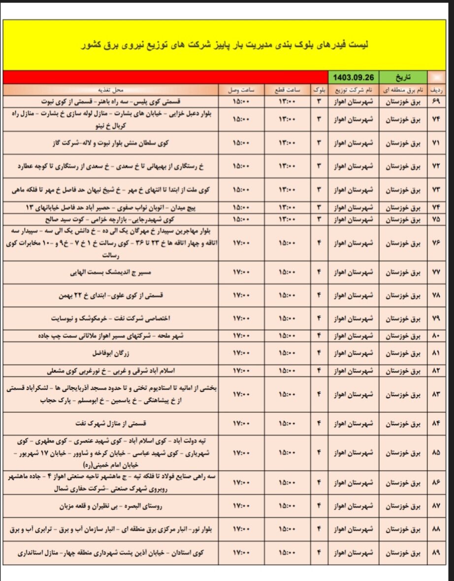 قطعی برق اهواز دوشنبه ۲۶ آذر + برنامه خاموشی، جدول و لیست مناطق