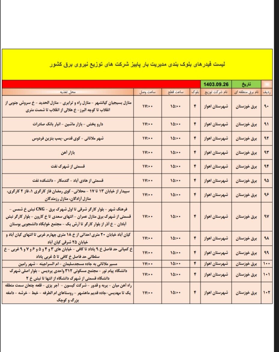 قطعی برق اهواز دوشنبه ۲۶ آذر + برنامه خاموشی، جدول و لیست مناطق