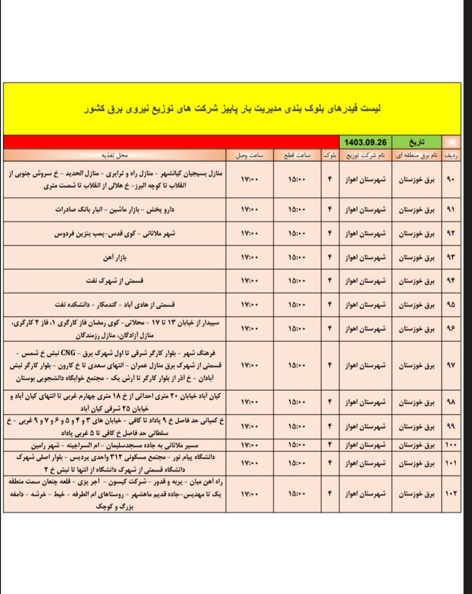 قطعی برق اهواز دوشنبه ۲۶ آذر + برنامه خاموشی، جدول و لیست مناطق
