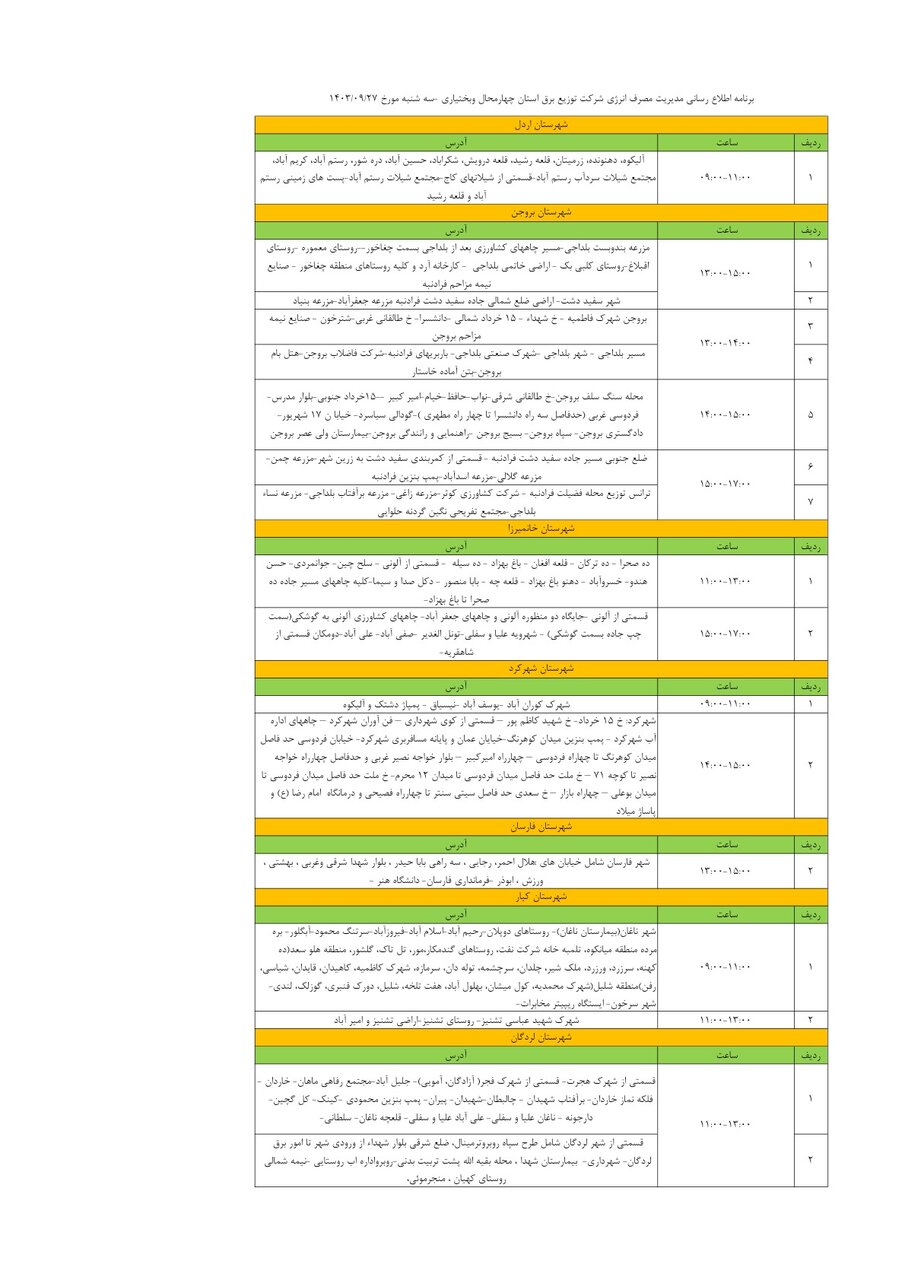 برنامه قطعی برق چهارمحال‌ و بختیاری ۲۷ آذر ۱۴۰۳ + جدول