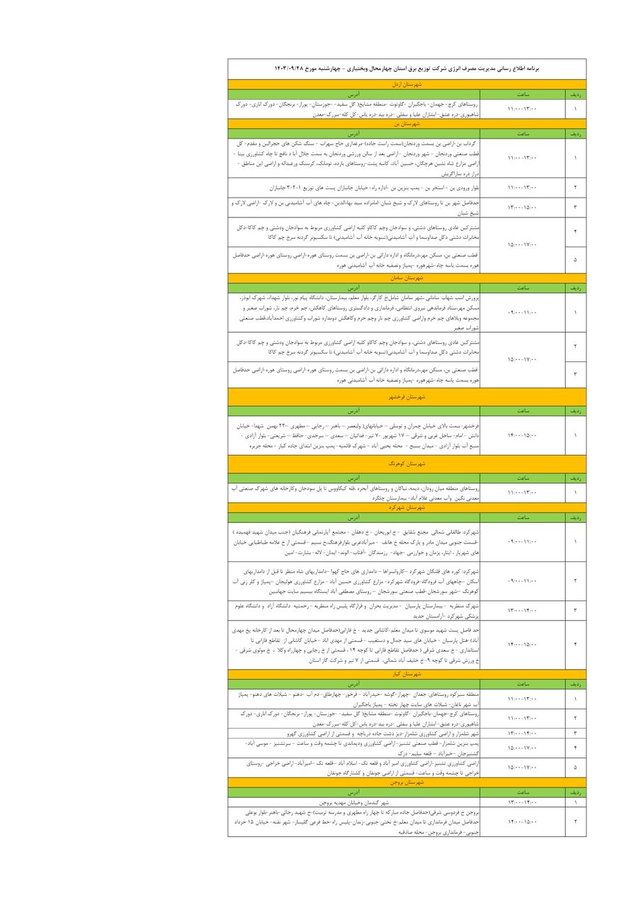 برنامه قطعی برق چهارمحال‌ و بختیاری ۲۸ آذر ۱۴۰۳ + جدول