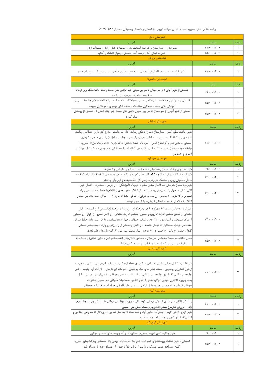 برنامه قطعی برق چهارمحال‌ و بختیاری ۲۹ آذر ۱۴۰۳ + جدول