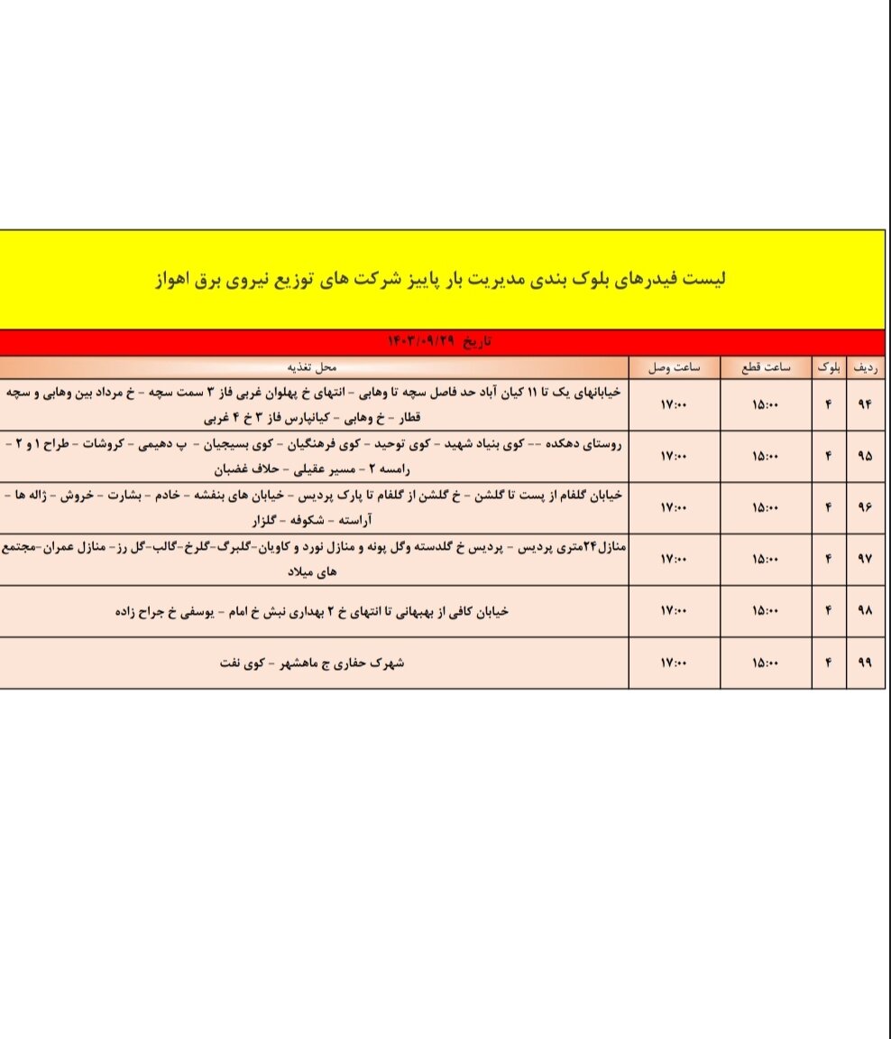 قطعی برق اهواز پنجشنبه ۲۹ آذر + برنامه خاموشی، جدول و لیست مناطق