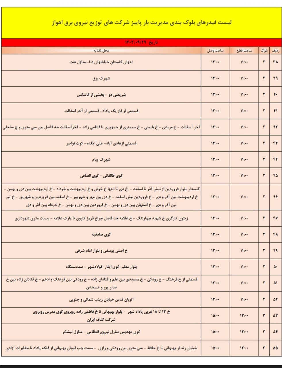 قطعی برق اهواز پنجشنبه ۲۹ آذر + برنامه خاموشی، جدول و لیست مناطق